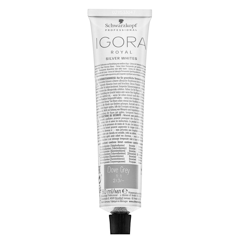 Schwarzkopf Professional Igora Royal SilverWhite Permanent White Refining Color Creme colore per capelli permanente professionale per capelli biondo platino e grigi Dove Grey 60 ml